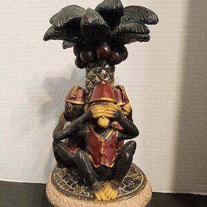 Three Wise Monkeys Around Palm Tree Candle Holder See Hear Speak No Evil 8"x5"